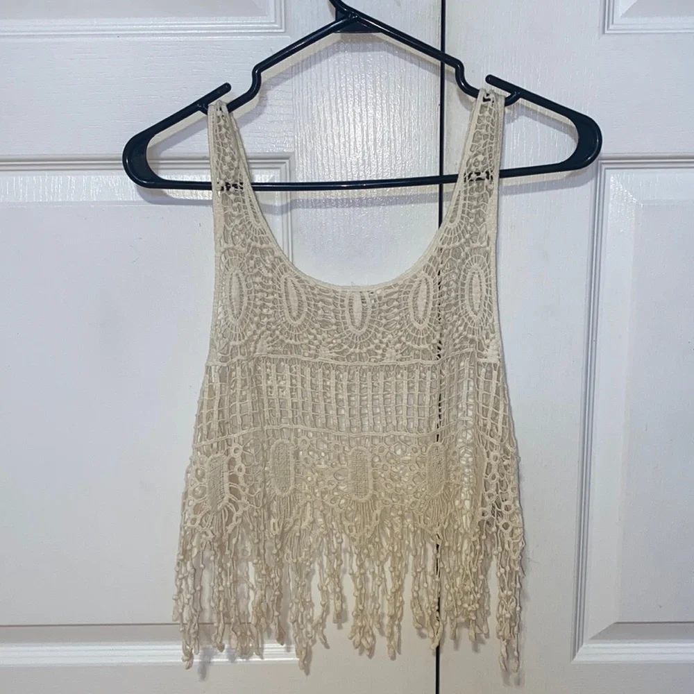 Boho Coastal Crochet Cream Bathing Suit Beachy Summer Tank Coverup Size XS - Picture 1 of 4